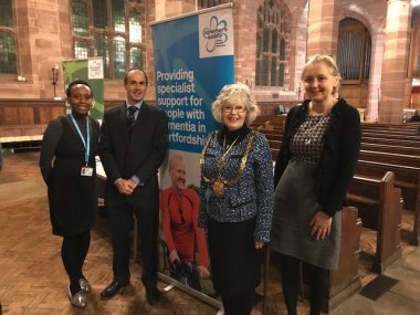 Allan Ross, independent financial adviser Ware with Councillor Susan Dunkley Mayor of Hertford and Soraya Bowen and Sally Marlow from The Alzheimer's Society